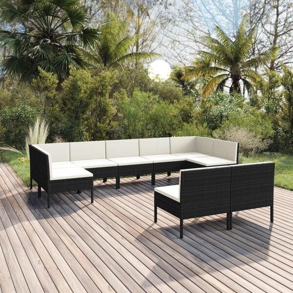 Maison Exclusive – 9-dielna záhradná súprava s vankúšmi z polyrotangu v čiernej farbe