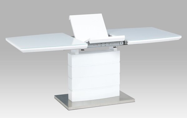 Rozkladací jedálenský stôl 140+40x80x76cm, biely lesk, biele sklo/brusený nerez