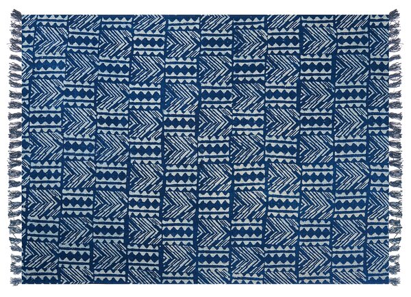 Prikrývka modrá bavlnená 130 x 180 cm geometrický africký vzor prírodný dizajn spálňa obývačka