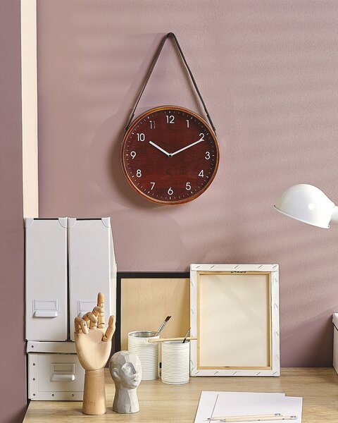 Nástenné hodiny tmavé drevo MDF sklo umelá koža ø 26 cm okrúhly tvar retro vintage štýl doplnky dekorácie