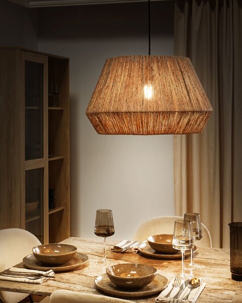 Závesná lampa prírodná jutové tienidlo čierna kovová objímka na žiarovku boho stropné svietidlo obývačka spálňa