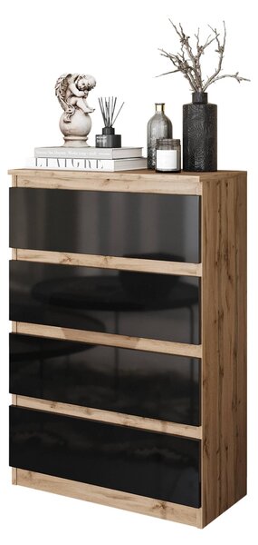Vysoká komoda Gabriel 4 zásuvky - dub Wotan / čierna s vysokým leskom 92 cm, moderná a praktická