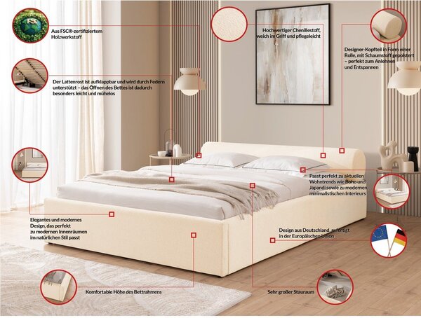 Krémová čalúnená dvojlôžková posteľ s úložným priestorom s roštom 140x200 cm Cille – Ropez