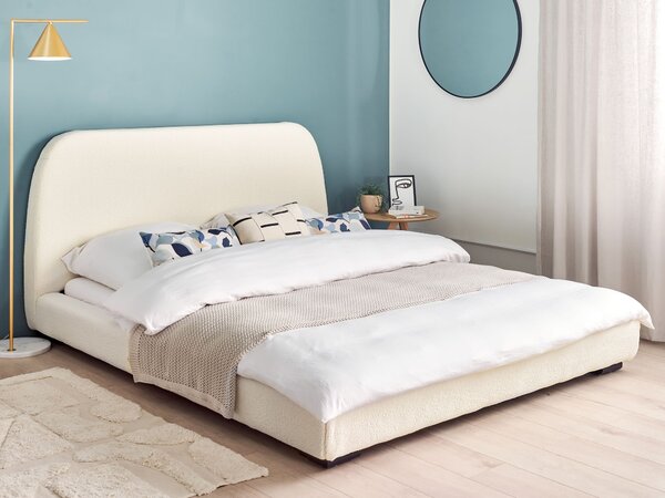 Posteľ svetlobéžová buklé čalúnenie polyester 160 x 200 cm lamelový rošt s čelom moderný tradičný štýl spálňa