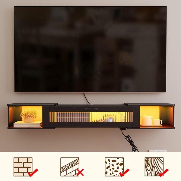 VASAGLE Závesný TV stolík Browny 140 cm s LED osvetlením čierny
