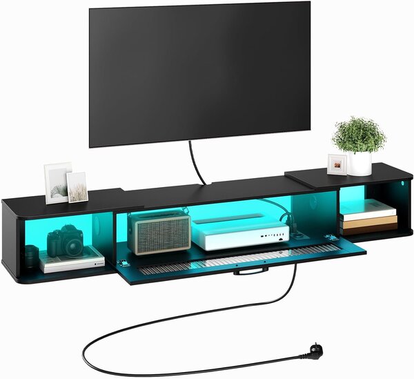 VASAGLE Závesný TV stolík Browny 140 cm s LED osvetlením čierny