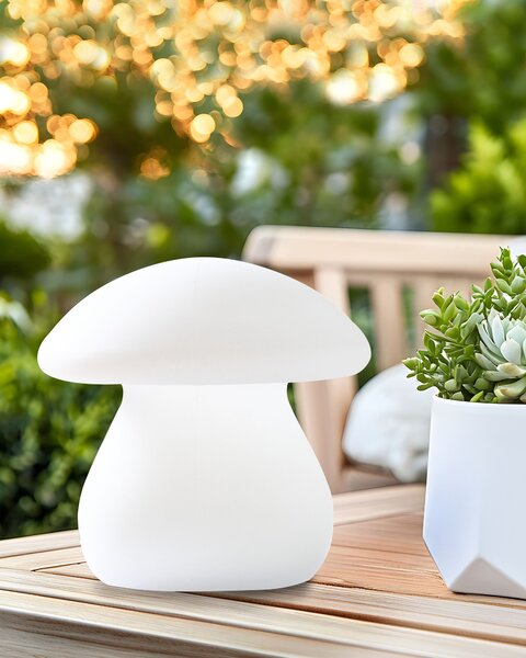 Vonkajšia stolová LED lampa biela syntetický materiál tvar hríbika IP54 vodoodolné s diaľkovým ovládaním záhradné osvetlenie
