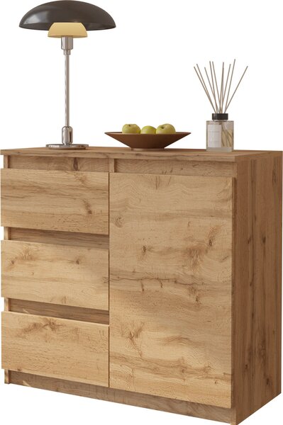 FURNICA - MIKEL - Komoda s 3 zásuvkami a 1 dvierkami - dub Wotan V75cm Š80cm H35cm