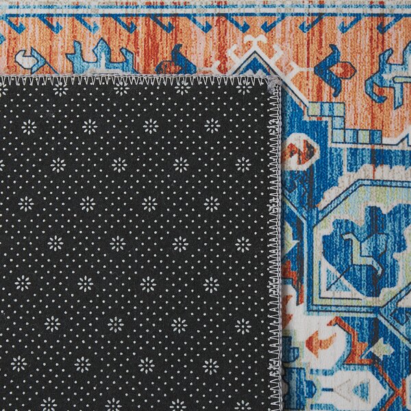 Koberec modrá oranžová polyester 60 x 200 cm geometrický orientálny vzor protišmykový behúň moderný štýl kuchyňa chodba