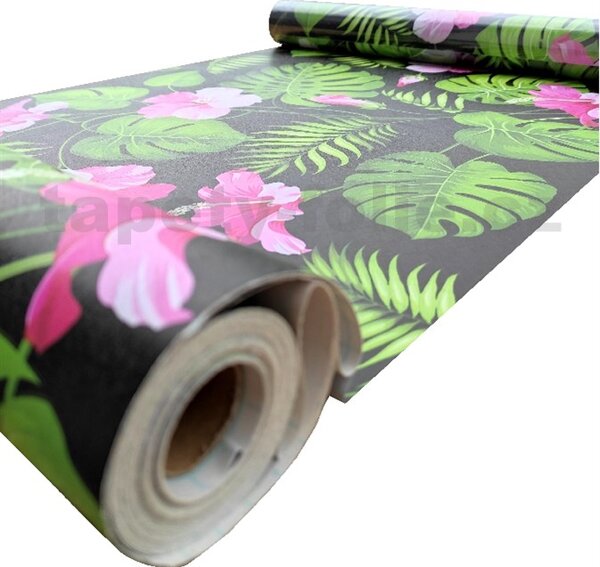 Samolepiace tapety listy monstera na čiernom podklade 45 cm x 10 m IMPOL TRADE T37 Samolepiace tapety