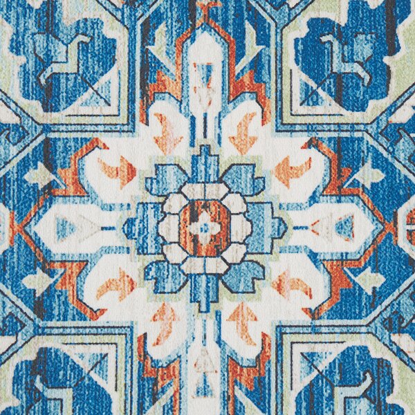 Koberec modrá oranžová polyester 60 x 200 cm geometrický orientálny vzor protišmykový behúň moderný štýl kuchyňa chodba