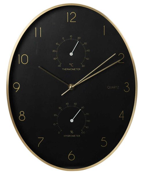Nástenné hodiny s vlhkomerom a teplomerom Oval, čierna/zlatá