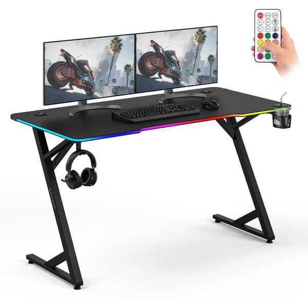Sense7 VOLT RGB herný stôl, 140x70 cm, čierna farba, počítačový stôl s LED osvetlením, veľký stôl s efektom uhlíkových vlákien, herný stôl, vhodný do domáccej kancelárie
