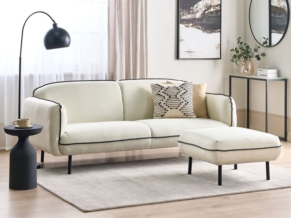 Pohovka s taburetom svetlobéžová látkové čalúnenie 3-miestna čierne kovové nohy čierne ozdobné lemovanie retro glamour štýl