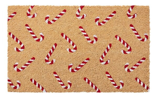 Hnědá kokosová rohožka s cukrovými otvormi Candy Cane Christmas - 75*45*1 cm - Clayre & Eef