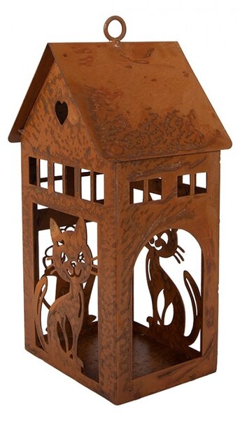 Hrdzavý svietnik v tvare domčeka s mačkami Rustic Charm - 10*11*20 cm - Clayre & Eef