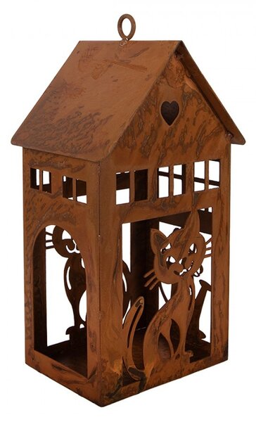 Hrdzavý svietnik v tvare domčeka s mačkami Rustic Charm - 10*11*20 cm - Clayre & Eef