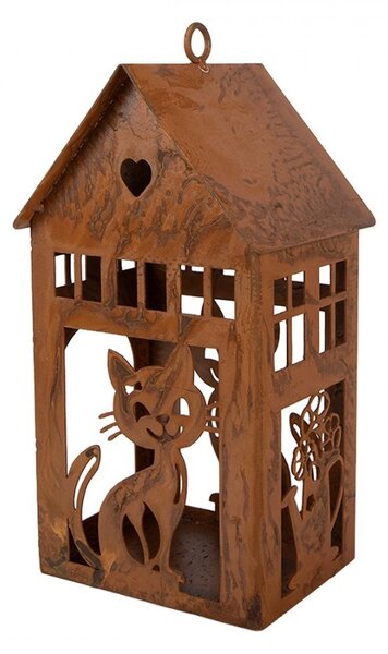 Hrdzavý svietnik v tvare domčeka s mačkami Rustic Charm - 10*11*20 cm - Clayre & Eef