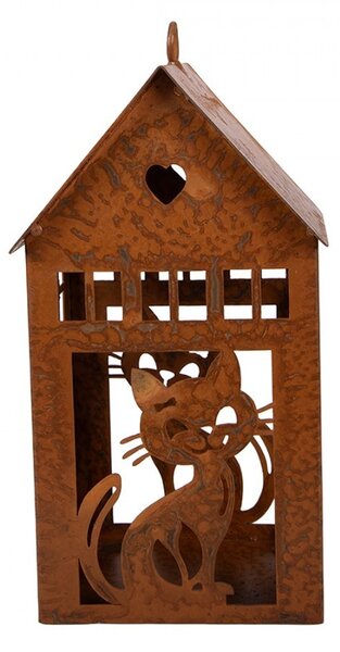 Hrdzavý svietnik v tvare domčeka s mačkami Rustic Charm - 10*11*20 cm - Clayre & Eef