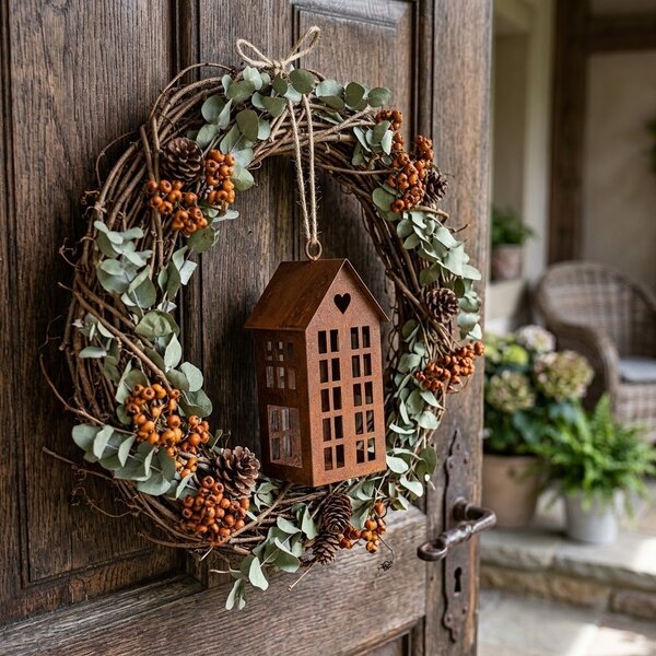 Hrdzavý svietnik v tvare domčeka Rustic Charm - 5*6*12 cm - Clayre & Eef