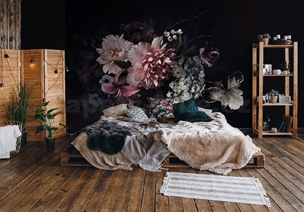 Vliesové fototapety 14066 V8, rozmer 368 cm x 254 cm, kvetinová koláž na čiernom podklade, IMPOL TRADE