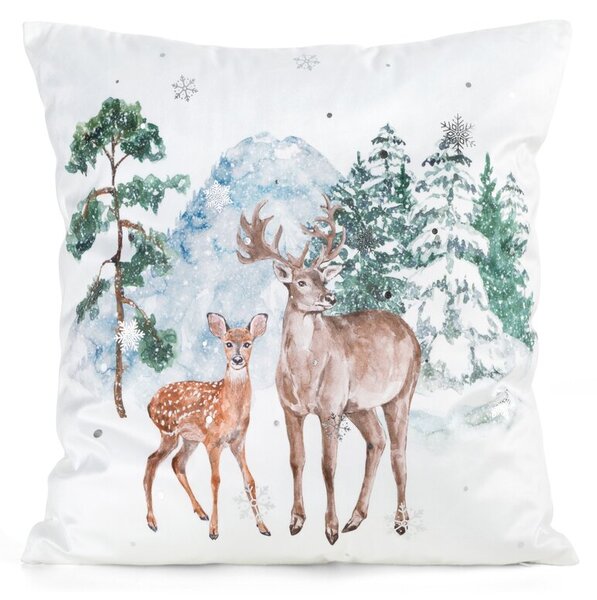 Dekorstudio Vianočná zamatová obliečka na vankúš s jeleňmi v zimnom lese 45x45cm - biela