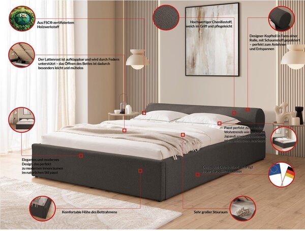 Tmavosivá čalúnená dvojlôžková posteľ s úložným priestorom s roštom 160x200 cm Cille – Ropez