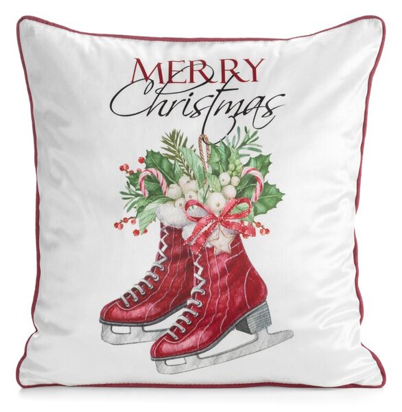 Dekorstudio Vianočná zamatová dekoračná obliečka na vankúš s korčuľami a nápisom Merry Christmas 45x45cm - biela