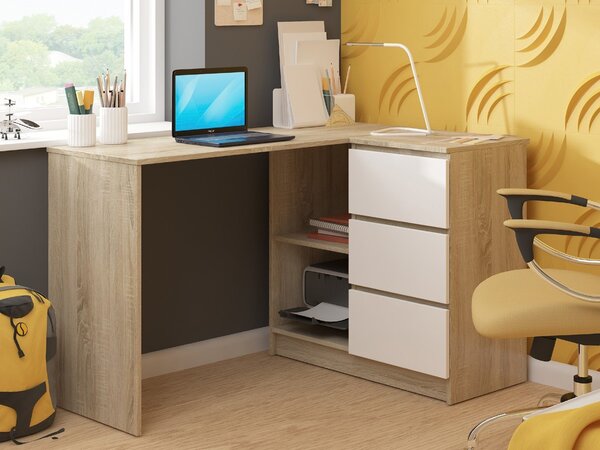 Ak furniture Rohový písací stôl B16 124 cm dub sonoma/biely pravý
