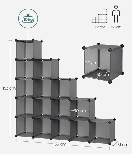 SONGMICS Sada 15 ks úložných boxů Fary 30x30 cm šédá