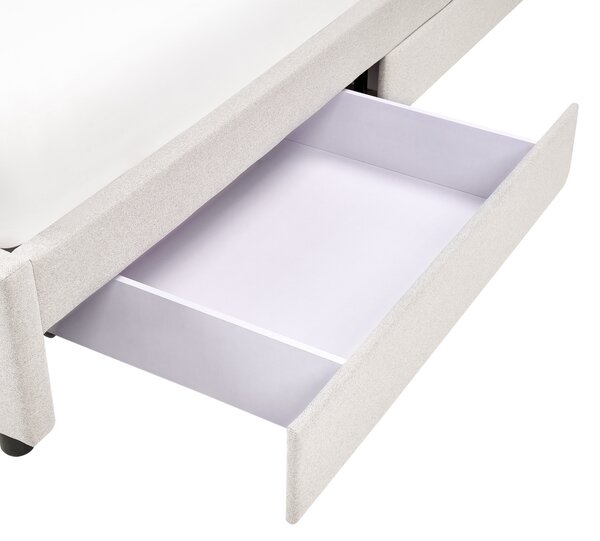 Posteľ s úložným priestorom svetlobéžová látkové čalúnenie polyester 180 x 200 cm bez čela s roštom úložné zásuvky klasický štýl spálňa