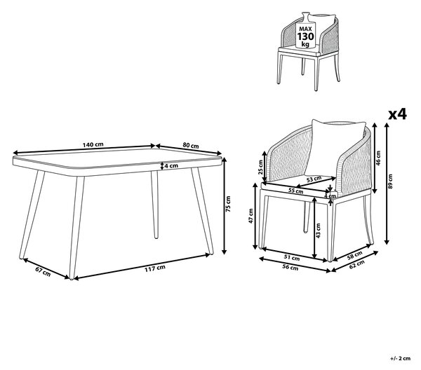 Záhradná jedálenská súprava sivý matný povrch hliník pre 4 osoby minimalistický industriálny štýl