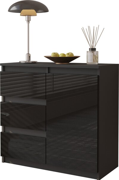 FURNICA - MIKEL - Komoda s 3 zásuvkami a 1 dvierkami - antracit / čierny lesk V75cm Š80cm H35cm