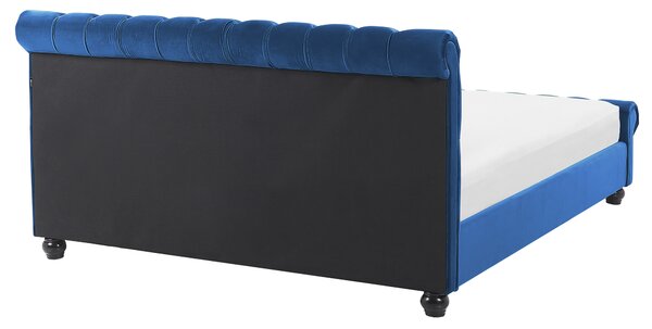 Posteľ modrá zamatová čalúnená 160 x 200 cm čierne drevené nohy glamour štýl spálňa