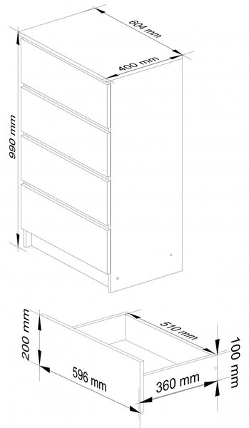 Ak furniture Komoda Kuba 60 cm - 4 zásuvky biela