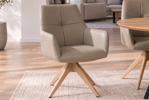Luxusná kožená otočná jedálenská stolička Elton s poťahom v hnedosivom odtieni taupe s masívnymi dubovými nohami 62 cm