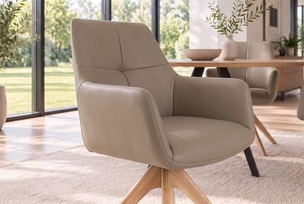 Luxusná kožená otočná jedálenská stolička Elton s poťahom v hnedosivom odtieni taupe s masívnymi dubovými nohami 62 cm