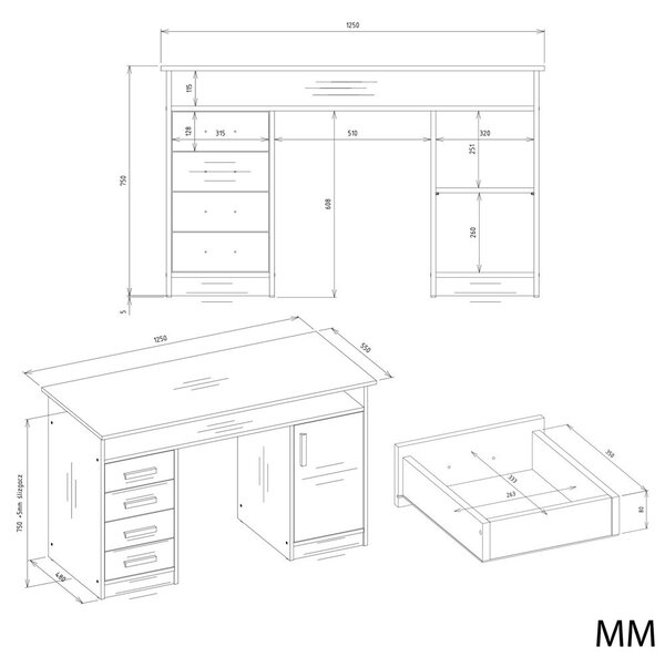 TP Living Písací stôl ADA 125 cm dub Artisan/antracitový