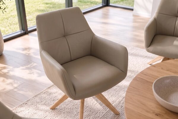 Luxusná kožená otočná jedálenská stolička Elton s poťahom v hnedosivom odtieni taupe s masívnymi dubovými nohami 62 cm