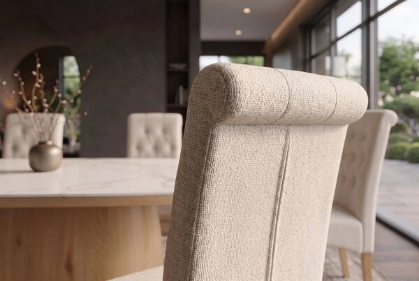 Dizajnová buklé jedálenská stolička Valentino s béžovým čalúnením s prešívaním s gombíkmi a hnedými drevenými nohami 45 cm