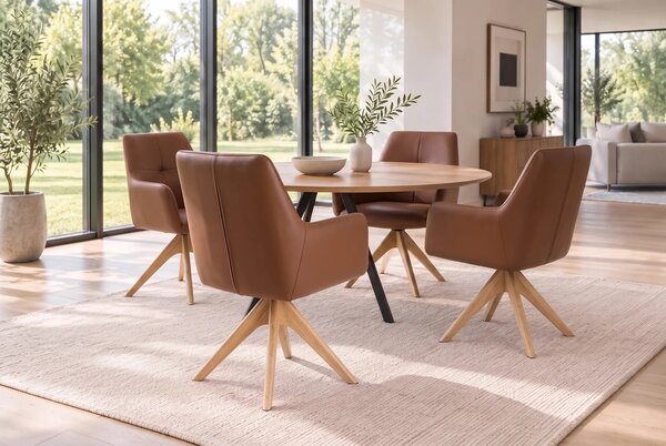 Luxusná kožená otočná jedálenská stolička Elton v koňakovej hnedej farbe s opierkami na ruky a masívnou dubovou podstavou 62 cm