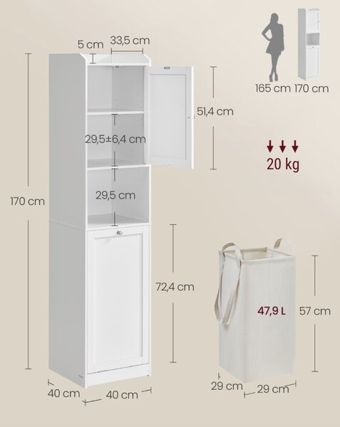 SONGMICS Vysoká kúpeľňová skrinka s košom na bielizeň Vasagle Clark biela