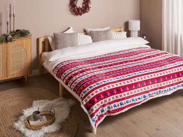 Deka červená modrá flanel polyester 200 x 220 cm geometrický vianočný vzor kožušinová prikrývka na zimu klasický štýl doplnky