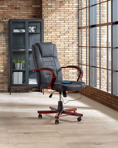 Masážne kreslo čierna koža otočné s kolieskami ergonomické nastaviteľná výška moderný štýl kancelária