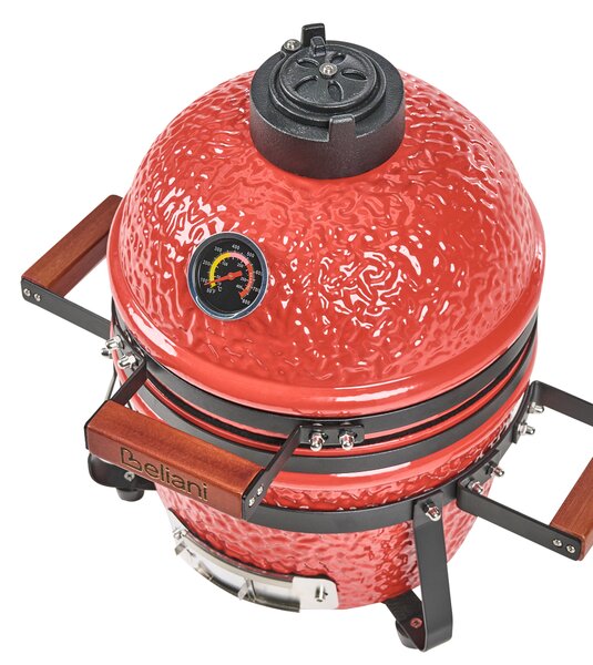 Mini gril na drevené uhlie červený keramika gril typu Kamado s vekom a teplomerom a roštom na varenie moderný štýl záhrada