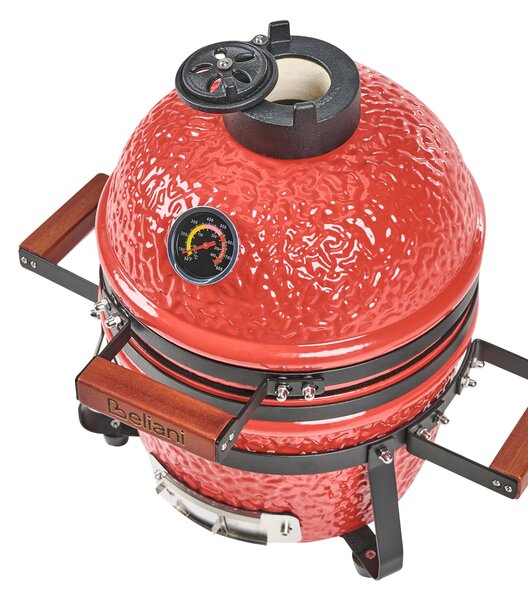 Mini gril na drevené uhlie červený keramika gril typu Kamado s vekom a teplomerom a roštom na varenie moderný štýl záhrada