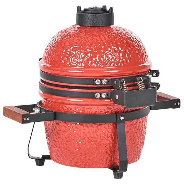 Mini gril na drevené uhlie červený keramika gril typu Kamado s vekom a teplomerom a roštom na varenie moderný štýl záhrada