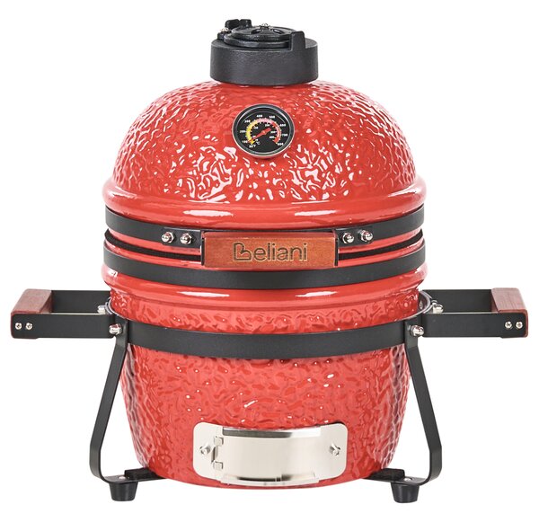 Mini gril na drevené uhlie červený keramika gril typu Kamado s vekom a teplomerom a roštom na varenie moderný štýl záhrada