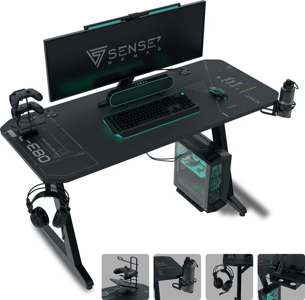 SENSE7 Nomad Cybernetic herný stôl 140x60 cm XXL – podložka pod myš, počítačový stôl, stôl pre PC, herný stôl, stôl pre hráčov, organizér káblov, držiak na slúchadlá
