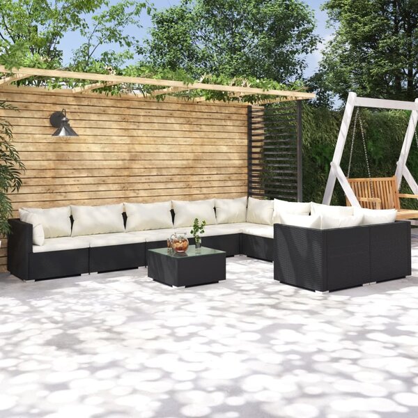 Maison Exclusive – 10-dielna záhradná súprava s vankúšmi z polyrotangu, čierna